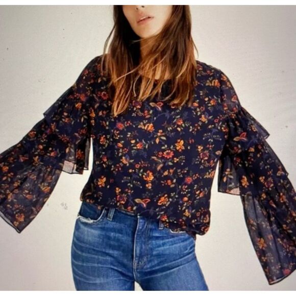 Madewell Climbing Vine Tiered Ruffle Sleeve top, Navy, Large - Picture 1 of 8